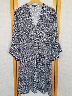 Max Edition A-Line Dress 3/4 Sleeves Size Large Navy Blue Print Stretch Knit